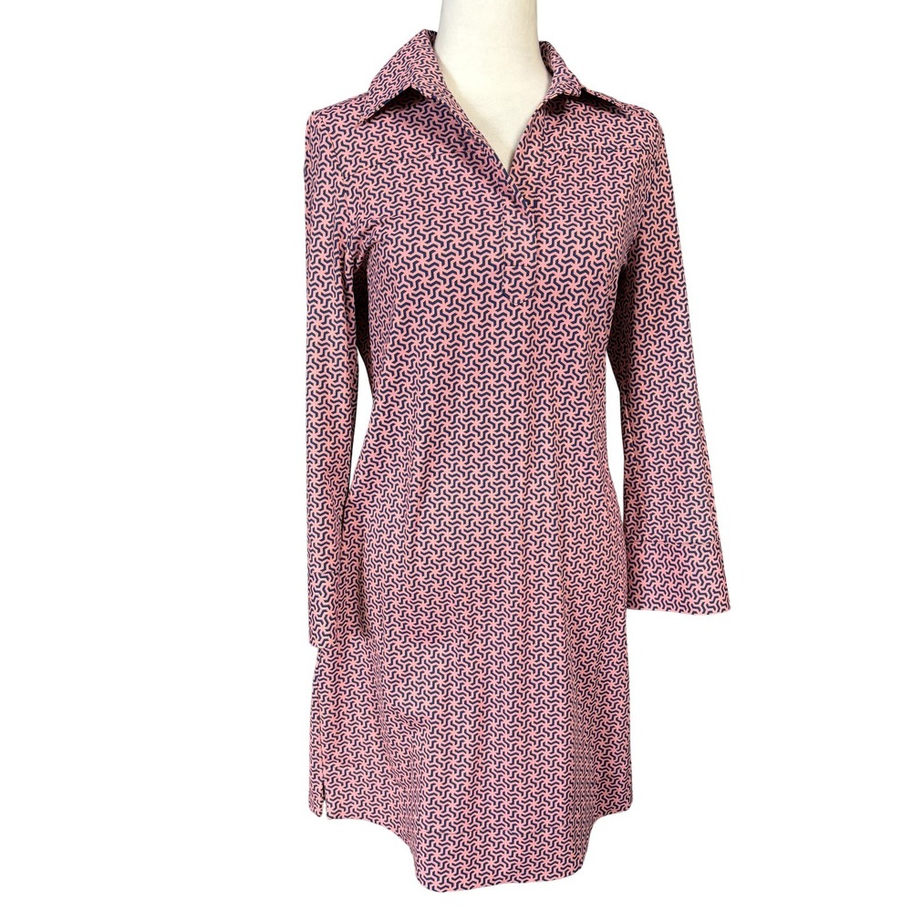 Ellie Kai Shirt Dress‎ Womens 2 Pink Navy Geometric Collared Jersey 3/4 Sleeve